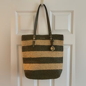MICHAEL KORS $198  Quinn Large North South Woven Tote Safari Green